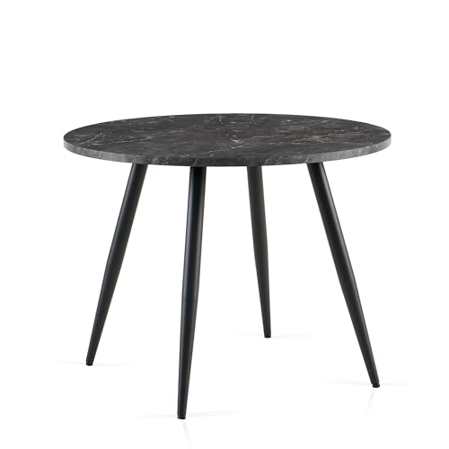 Image of Colorig Modern 100CM Round Dining Table with Round Black Metal Legs, 2-4 Seaters Wooden Table, Space-Saving Kitchen Table for Dining Room Living Room or Office (Black Marble)