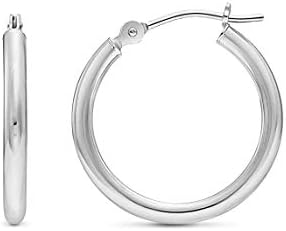 14k White Gold Classic Shiny Polished Round Hoop Earrings, 2mm tube