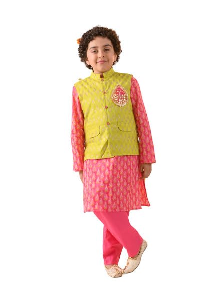 Pspeaches Boys Ethnic Motifs Printed Pure Cotton Kurta With Pyjamas And Nehru Jacket