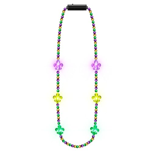 Karenhi 6 Pcs LED Mardi Gras Beads Necklace Bulk Green Purple and Yellow Carnival Colorful Light up Bead Necklaces for Mardi Gras Accessories Party Favors