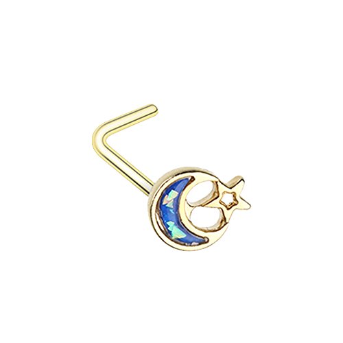 Inspiration Dezigns Crescent Moon & Star with Synthetic Opal L-Shape Nose Ring (Sold Individually)