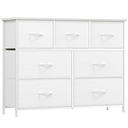 Somdot - Somdot Dresser for Bedroom with 7 Drawers,Wide Chest of Drawers with Wooden Top,White Fabric Dresser with Storage Drawers for Living Room,Closet,Entryway - -9%