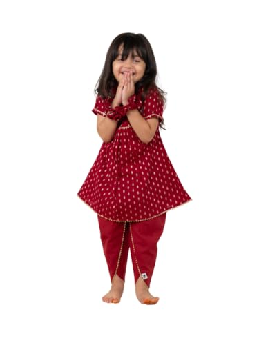 Image of POLKA TOTS Girls Cotton Kurta Dhoti Set | Traditional Ethnic Wear for Kids Girls | Festival Dress for Diwali Navratri Pooja Wedding Party | Indian Traditional Outfit for Girls | 6 Months - 8 Years
