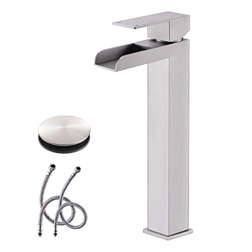 KENES Tall Bathroom Vessel Sink Faucet, Brushed Nickel Tall Waterfall Bathroom Faucet, Commercial Modern Bathroom Faucet with Pop-up Drain, Single Hole Basin Mixer Tap, Bathroom Sink Faucet with Hoses