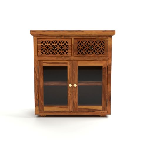 Image of Solid Sheesham Wood Sideboard Cabinet for Living Room | Wooden Storage Cabinet with 2 Acrylic Glass Doors & 2 Carved Drawers | Modern Display Sideboard for Home (Honey Finish)