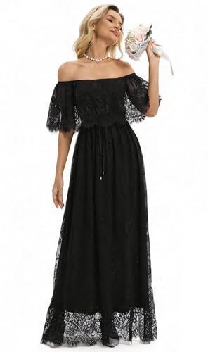 Image of HOYISHION Women's Off The Shoulder Floral Lace Maxi Dress White Bridesmaid Wedding Party Maternity Photoshoot Long Dresses