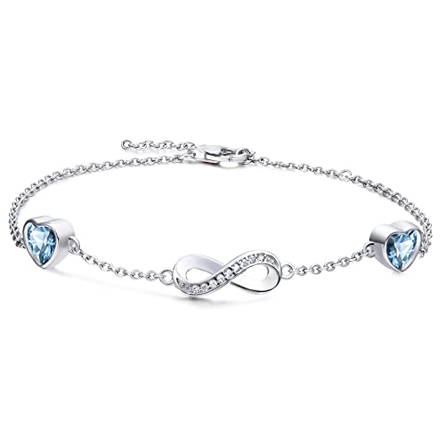 Qings Infinito Pulsera Mujer con Aguamarina Plata de Ley 925 Infinito Símbolo Corazón Pulsera Ajustable con Circonita Cúbica Azul Marzo Piedras de Nacimiento Navidad de Joyería Regalo para Mamá