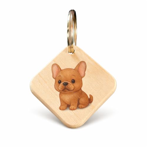 Rienco | Portachiavi Bulldog Francese, Quadrato, Legno d'Acero Chiaro, 4x4cm | Animalier, leggero, lavorazione artigianale | portachiavi legno animali, ciondolo animali