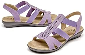 VJH confort Women's Flat Sandals with Rhinestone Open Toe Elastic Slip On Slingback Comfort Casual Walking Sandals (mauve,9.5)