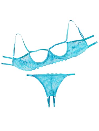 Image of Lilosy Women's Sexy Underwire Floral Lace Sheer Bachelorette Lingerie Set See Through Bra and Panty 2 Piece Blue Medium
