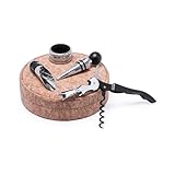 Set de vino premium en corcho natural: estuche circular con sacacorchos 2 tiempos, tapón, dosificador y recogegotas de acero inoxidable.