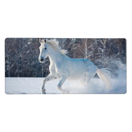 Tapis de souris grand format cheval blanc en hiver 40x90cm avec base caoutchouc antidérapante