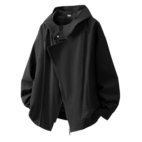 GURUNVANI Mens Solid Color Zip Up Hooded Jacket Unisex Oversized Sports Windbreaker Coat, Black, Small