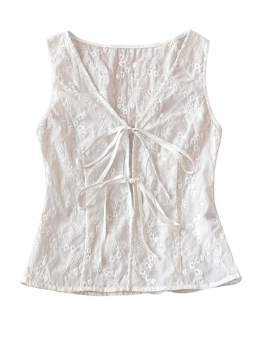 SweatyRocks Women's Bow Tie Front V Neck Floral Embroidery Tank Blouses Tops
