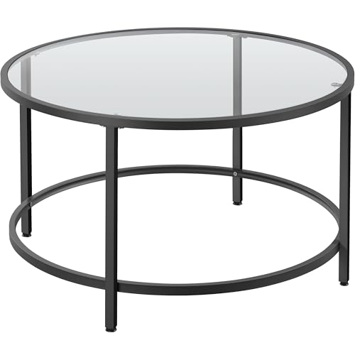 Yaheetech 27.6" Round Glass Coffee Table, Small Coffee Table for Living Room，Black Circle Coffee Tables Center Tables with Glass Top, Office & Apartment