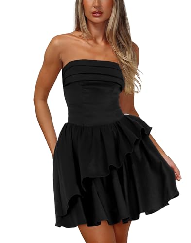 Image of HYPERFIRE Women's Strapless Tube Satin Mini Dress Tiered Layered A-Line Short Formal Dresses