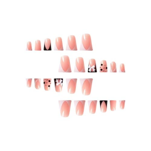 Image of French Tip Nails Press ons Black White Fake Nails Duck False Nails with Design Rhinestone Glue on Nails Bow Stick on Nails Glossy Artificial Acrylic Full Cover Nail for Women Girls Manicure 24Pcs