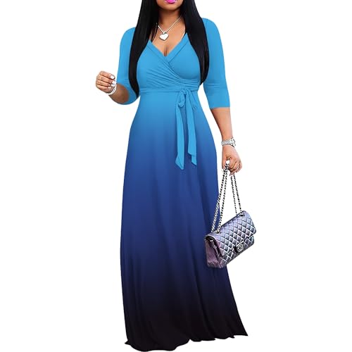 Image of PinkPatty Women's Plus Size Maxi Dress Casual 3 /4 Sleeve Dress with Belt | Soft stretch feel, printed style, flowy A-line fit, v neck, waist tie, side pockets, for vacation, party and daily wear