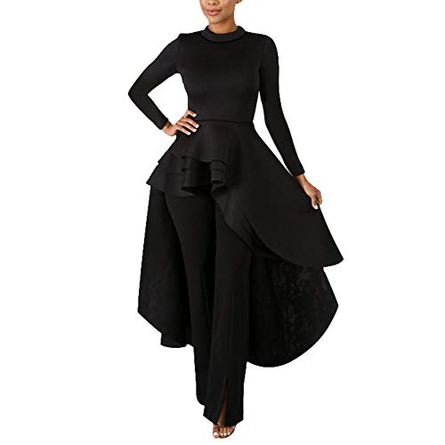 Annystore High Low Tops for Women - Ruffle Long Sleeve Bodycon Asymmetrical Peplum Shirt Dresses Black