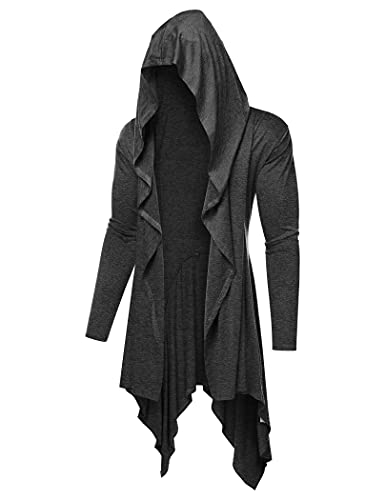 COOFANDY Long Hooded Cardigan Ruffle Shawl Collar Open Front Lightweight Drape Cape Overcoat with Pockets