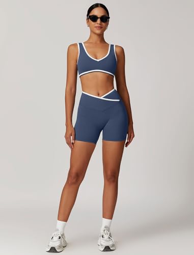 ABOCIW Workout Sets for Women Color Block Sports Bra Crossover Waist Shorts 2 Piece Gym Yoga Pilates Outfits3