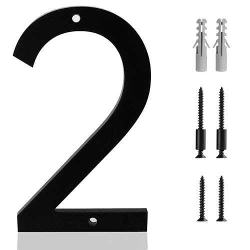 5 Inch House Number 2 for Outside Modern Address Sign Numbers for Mailbox Numbers with Screw Kit, Frosted Matte Black Acrylic House Number 2 Floating Mount Or Flush Mount Home Door Black(Number 2)