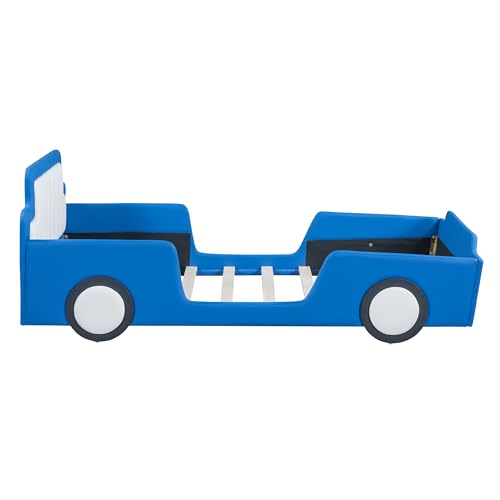 Image of Race Car Shaped Platform Bed with Wheels, Twin Size Wood Low Floor Bed Frame with Headboard and Footboard, Upholstered Bed with Rails, No Box Spring Needed, Blue