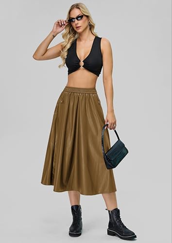 Kisidoo Faux Leather Maxi Long Skirt - High Elastic Waist A-Line Pleated Winter Swing Flare Skirt with Pockets4