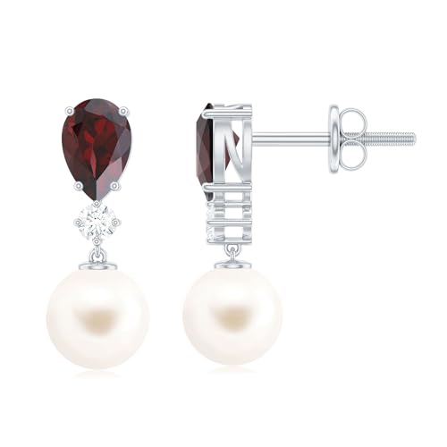 Certified Pearl Garnet Bridal Earrings, AAA Quality, Real Pearl Drop Earrings in Silver - Gift For Women