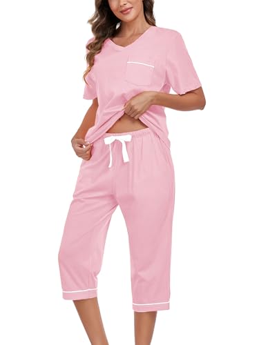Image of EA'S SECRET 100% Cotton Women's Pajama Set V Neck Top and Capri Pants Sleepwear Sets Loungewear with Pockets