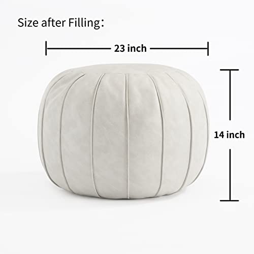 C Comfortland Unstuffed Faux Leather Ottoman Pouf, Round Foot Rest Poof Ottomans, Floor Foot Stool Poufs, Bean Bag Cover With Storage For Living Room, Bedroom, Beige White (No Filler) #TOP2