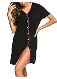 ADOME Nachthemd für Schwangere Frauen und Stillende Mütter Kurze Ärmel Mit Durchgehender Druckknopfleiste Schwarz XL