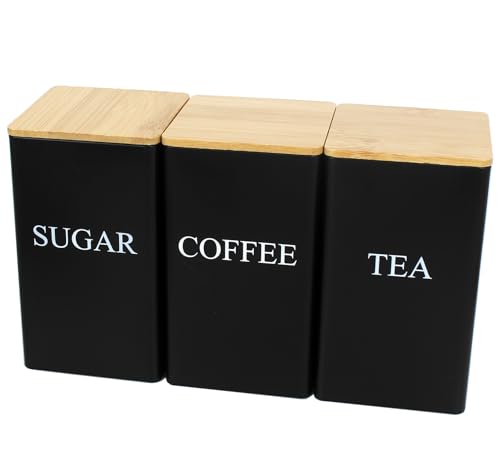 Hylruu Conjunto de 3 frascos de metal preto para chá, café e açúcar, 1000 ml, com tampa de bambu,