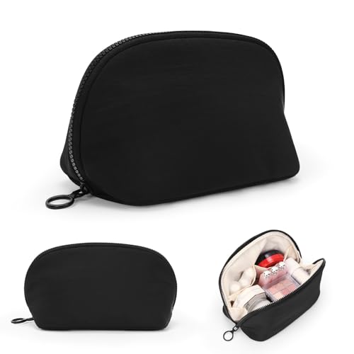 Small Makeup Bag Travel Toiletry Bag - Puffy Padded Make Up Bags for Women, Cute Cosmetic Organizer Case with Wide-Open, Quilted Pouch Purse for Essentials, Accessories, Brushes (Black, Small)