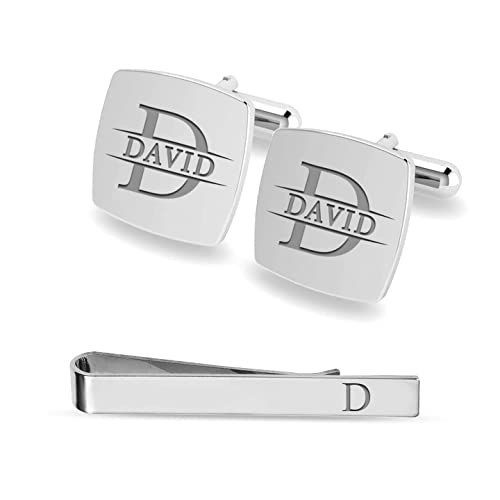 LeCalla Father's Day Gifts Personalized Customized Engraved Initial or Name Designer Square Cufflinks and Tie Clip Set Collection - Ideal Father's Day Gift for Men, Gift for Husband