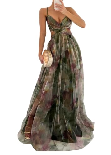 shownicer Vestito Donna Elegante Abito Cerimonia Vestito Lungo Estivi Scollo a V Senza Maniche Vestiti Stampa Floreale A Verde M