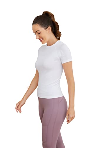 Image of MathCat Short Sleeve Workout Tops for Women, Seamless Women's Compression Shirt, Yoga Running Athletic Shirts Soft Gym Tops
