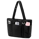 Herald Multi Pocket Tote Bag for Women, Large Puffy Shoulder Purse Handbag with Compartments for Travel,Work,GYM (Black)