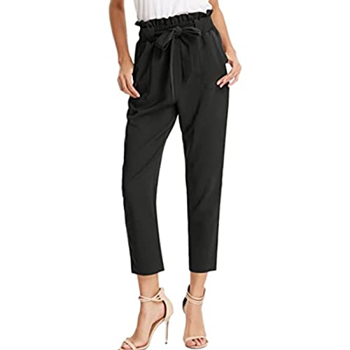 Maiyifu-GJ Women's High Waist Paper Bag Pants Solid Self Tie Belted Pencil Trouser Casual Drawstring Long Pants with Pocket (Black,X-Large)