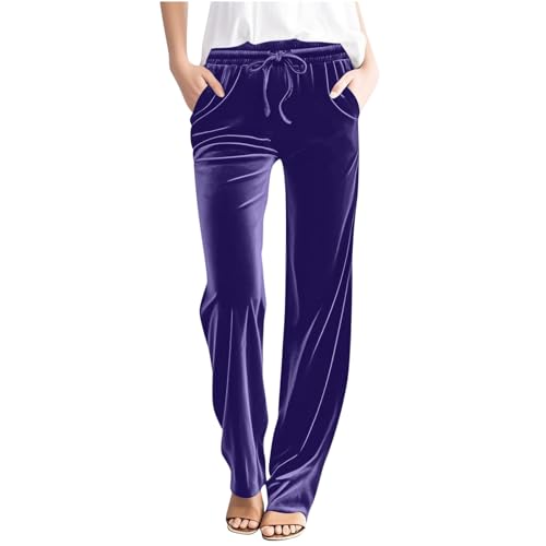 Image of Purple Straight Leg Joggers Womens Velvet Trousers Elasticated Waist Trouser Tracksuit Jogging Bottoms with Pockets Athletic Joggers Yoga Pants Activewear Pant for Office Work Streetwear