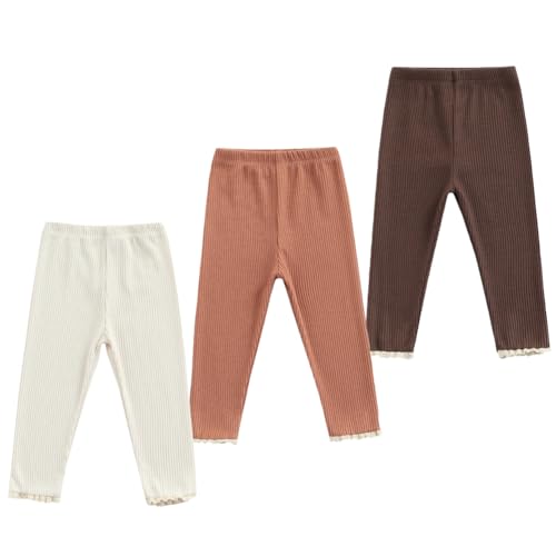 Toddler Baby Girls Leggings Ribbed Cotton Knit Lace Trim Footless Ruffle Tight Stocking Bottom Pants(Beige+Khaki+Brown,4-5 Years)