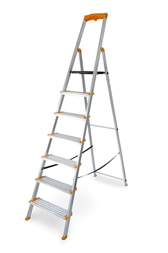 DRABEST Escalera de Tijera Plegable de 7 peldaños - Escalera de Aluminio - Robusta Escalera Plegable con Estante y peldaños Anchos - 120 mm - Escalera para el hogar y el Trabajo - hasta 150kg
