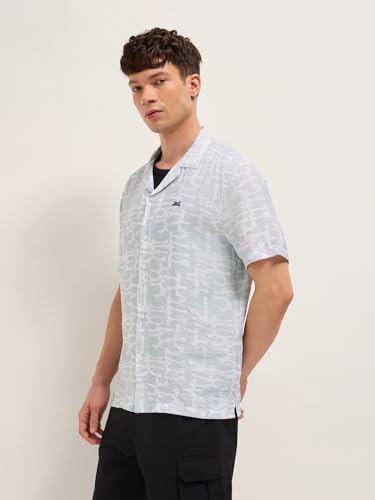 Image of THE BEAR HOUSE Men's Blue Tailored Fit Full Sleeve Cotton Printed Shirt