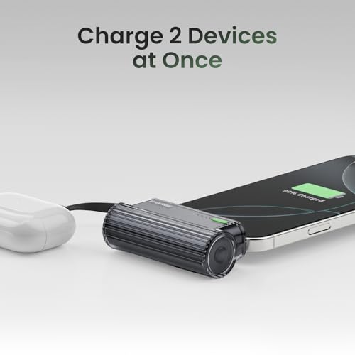Image of Sharge Flow Mini 2 Power Bank, Portable Charger 22.5W PD Fast Charging with Dual Plugs and Built in Cable 5000mAh Small Battery Pack USB-C Lightning for iPhone 17 /16 /15 /14 Galaxy S25 AirPods (Black)