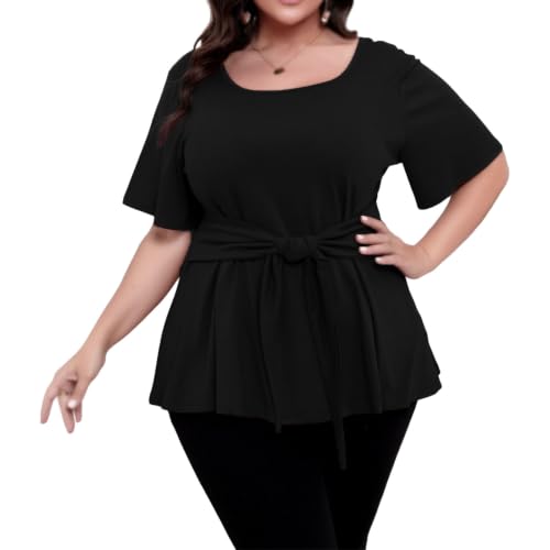 Tunique Grande Taille Femme Col Carré Blouse Peplum Légère à Manches Courtes