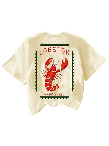 Verdusa Womens Summer Lobster Funny Shirts Drop Shoulder Graphic Tees Cute Shirts Apricot Large