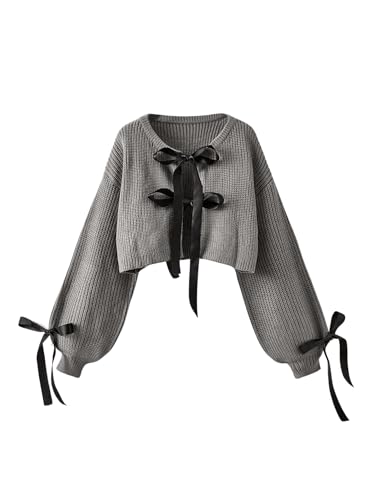 Verdusa Women's Bow Tie Cropped Cardigan Knot Long Sleeve Knit Cute Cream Cardigan Sweaters Trendy