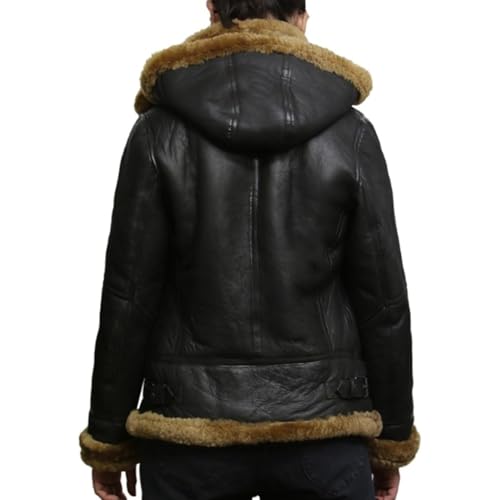 Women's Hooded Leather Jacket - Faux Fur Shearling Aviator Pilot Bomber Genuine Sheepskin Leather Jackets for Women4
