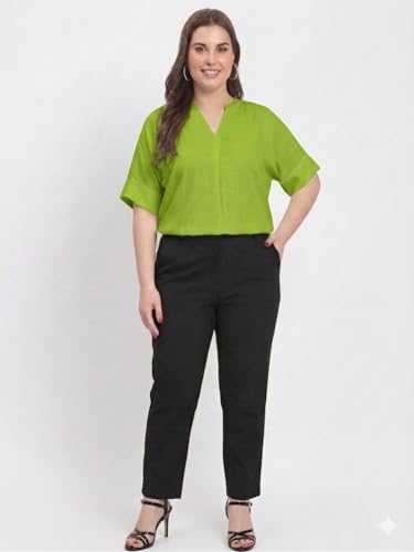 Image of SINDOORI Relaxed Fit Tops for Women Plus Size Solid Printed Mandarin Collar, Band Collar, V-Neck Top, Half Sleeve Loose Fit