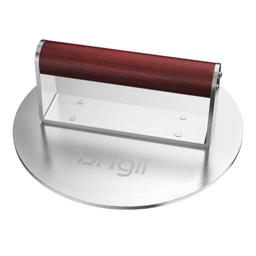 Brigii 8.5 Stainless Steel Smash Burger Press Heavy Duty Burger Smasher for Crispy Smash Burgers Round Grill Press for Griddle and Grill Dishwasher Safe